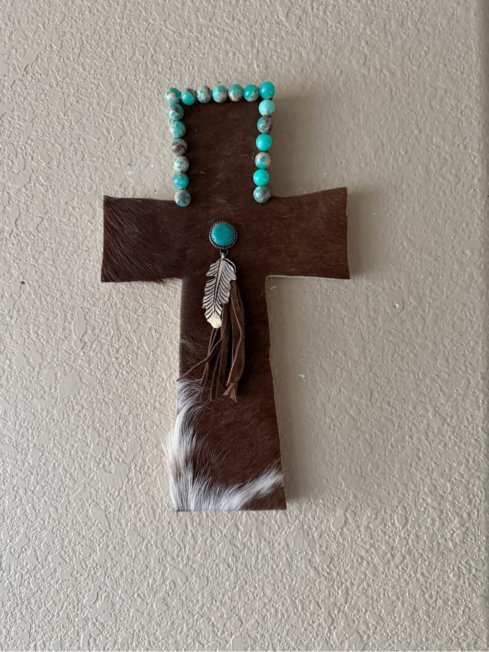 Turquoise-Accented Cowhide Cross Wall Art -